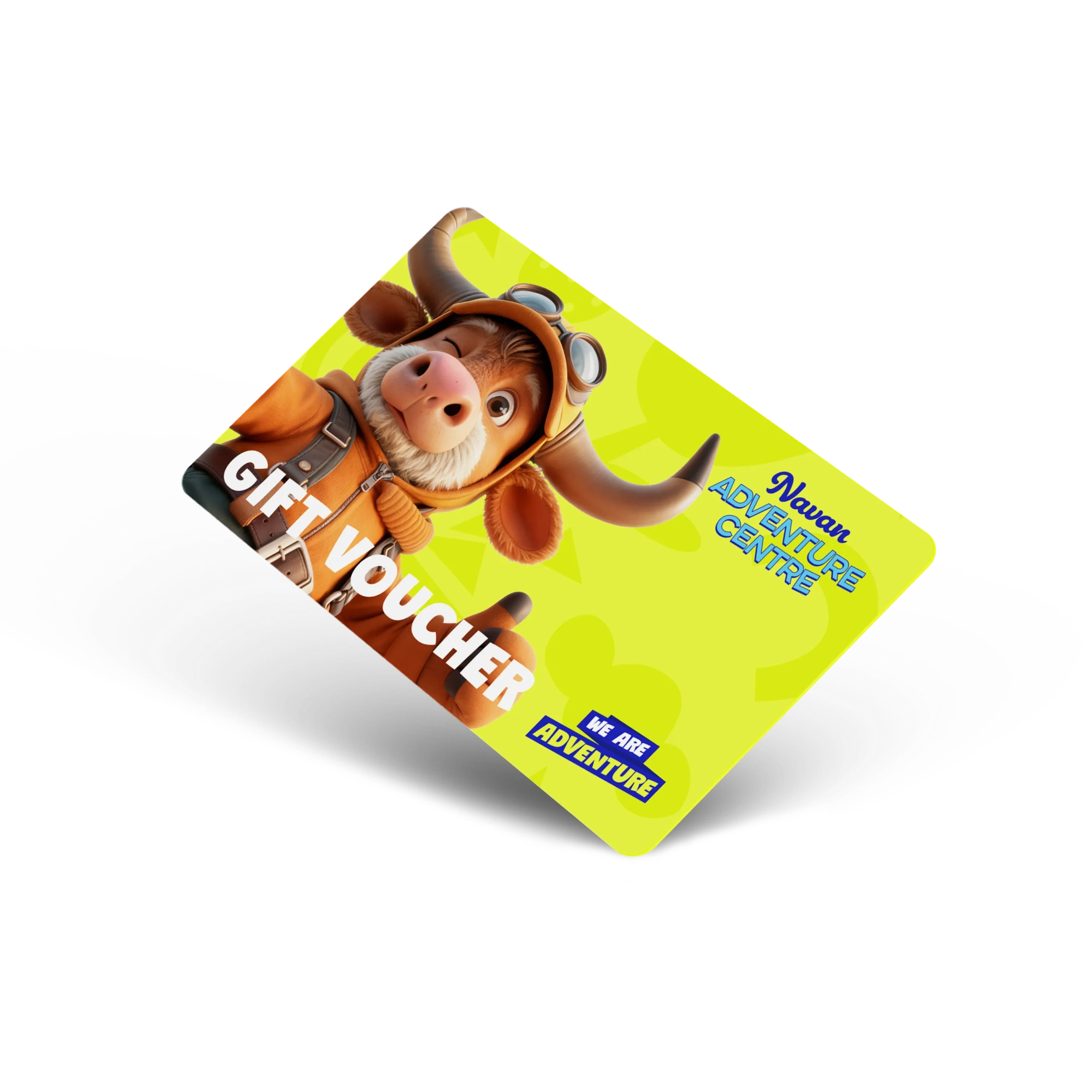 A bright yellow Navan Adventure Centre gift voucher featuring a cheerful cartoon bull in aviator goggles and jacket, with bold "GIFT VOUCHER" text beside the logos and the "We Are Adventure" strapline.