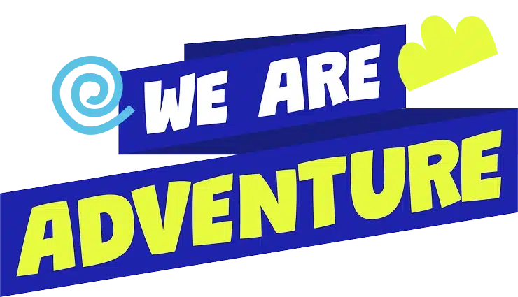 Bold text graphic with the words "WE ARE ADVENTURE" in blue and yellow, featuring a spiral and two cloud-like shapes, capturing the excitement and exploration of Navan Adventure Centre.