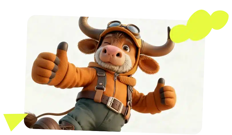 A cartoon bull wearing an aviator hat, goggles, orange hoodie, and green trousers winks and gives two thumbs up. The playful scene is inspired by the fun spirit of About Navan Adventure Centre, with abstract yellow shapes brightening the corners.