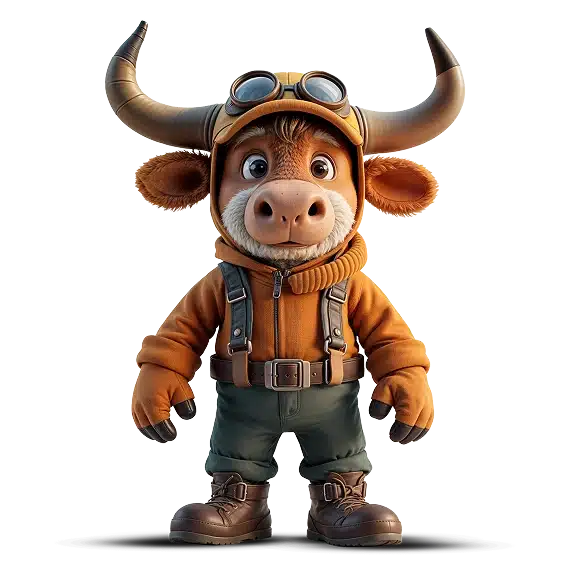 A cute, anthropomorphic cartoon bull wears aviator goggles, a brown jacket, green trousers, and boots. Standing upright with a friendly expression, the bull looks ready to embark on an adventure at Navan Adventure Centre.