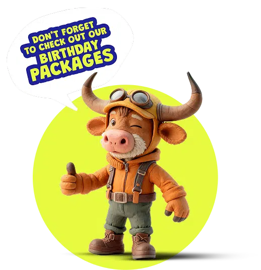 A cute cartoon bull wearing a pilot’s hat, goggles, orange jacket, and boots stands on a yellow circle at Navan Adventure Centre, giving a thumbs-up. A speech bubble says, "Don't forget to check out our birthday packages.