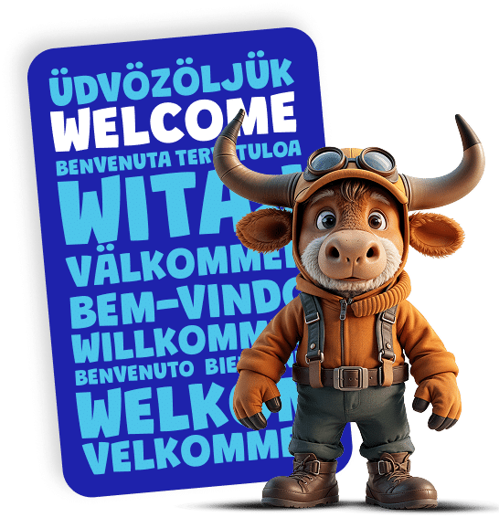 A cartoon ox wearing aviator goggles, a brown jacket, and green trousers stands next to a blue sign that says "Welcome" in multiple languages, ready for fun at Navan Adventure Centre.