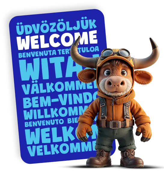A cartoon ox wearing aviator goggles, a brown jacket, and green trousers stands next to a blue sign that says "Welcome" in multiple languages, ready for fun at Navan Adventure Centre.