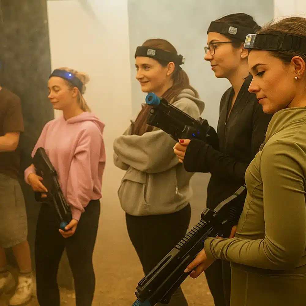 Four people stand indoors, holding laser tag guns and wearing sensor headbands. Perfect for Navan team building activities, the group appears attentive in a misty atmosphere, dressed in casual athletic clothes.