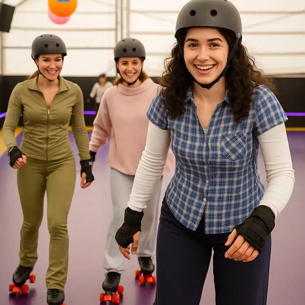 Three young women wearing helmets and roller skates smile and skate indoors. Casually dressed, they enjoy a fun, active time together at a Navan roller disco party on a smooth purple skating rink.