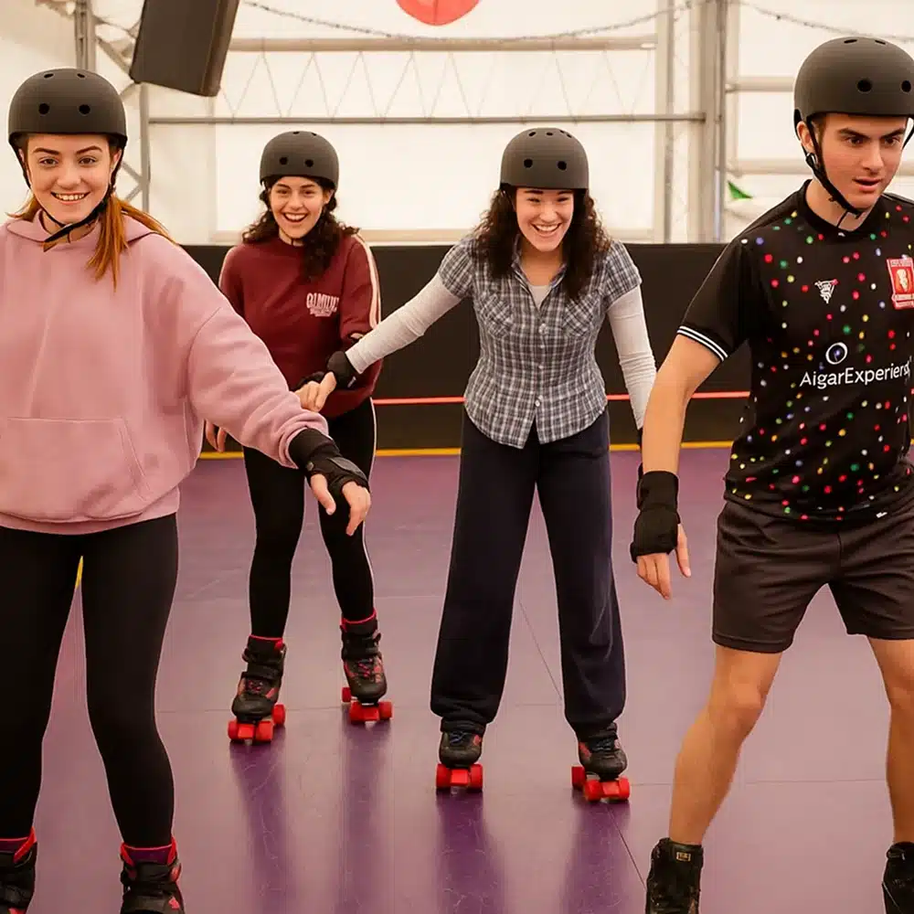 Four young people wearing helmets and roller skates are smiling and skating indoors together at a Navan roller disco party. Two of them are holding hands for balance, and they all appear to be enjoying the activity.