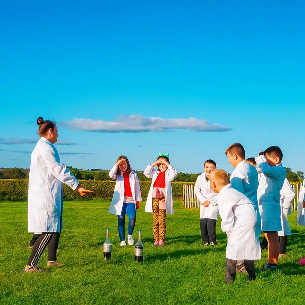 A group of children in white lab coats stand on grass outdoors, excitedly watching foam erupt from fizzy drink bottles as an adult explains the experiment—it’s a thrilling Navan science show for schools.