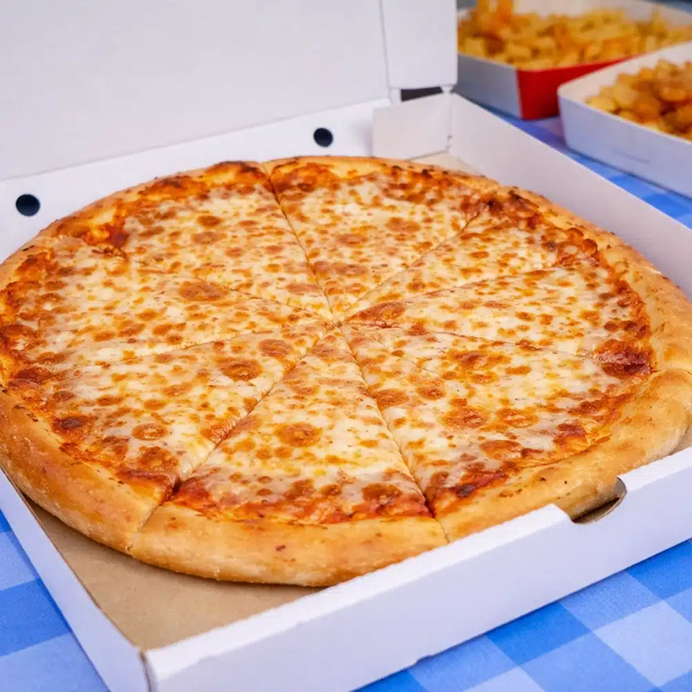A cheese pizza with a golden, bubbly crust is sliced into eight pieces and served in an open pizza box on a blue chequered tablecloth, perfect for sharing at your next Navan roller disco party, with chips visible in the background.
