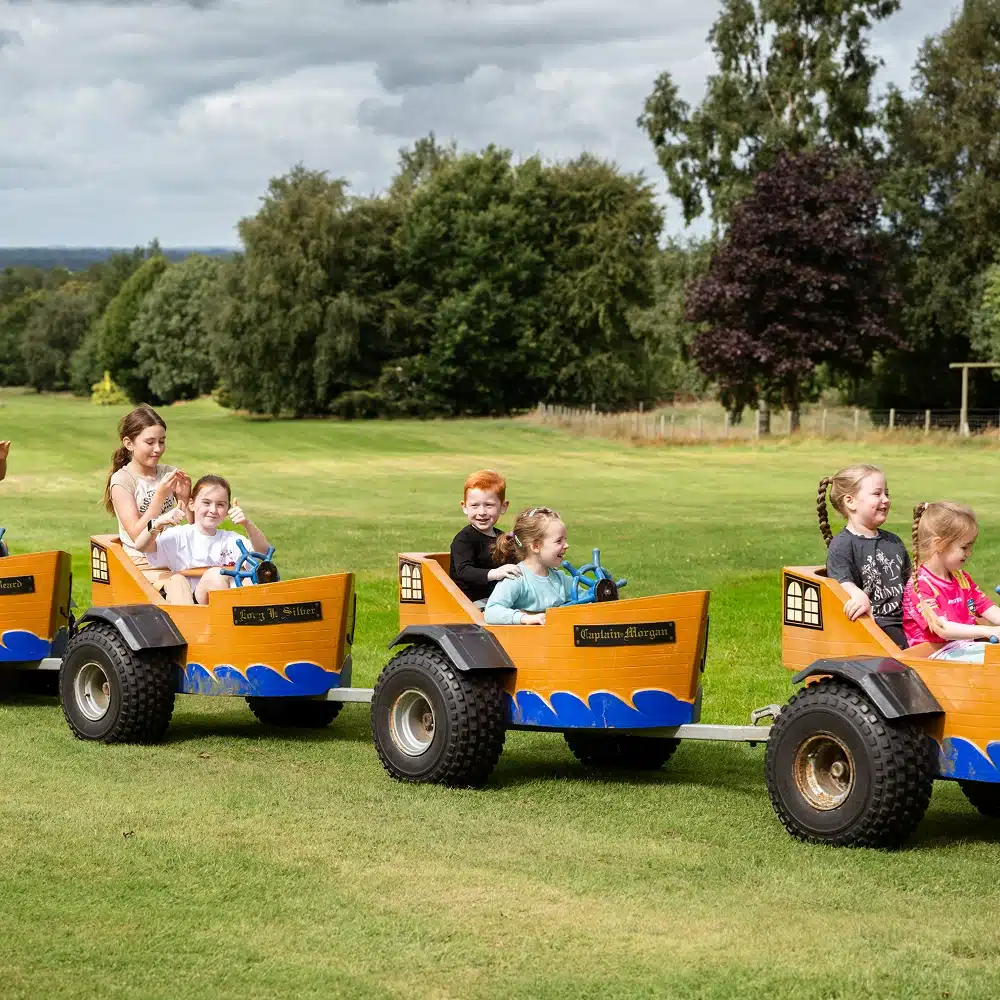 Children at the Navan Easter camp ride in a train of wooden carts shaped like boats, pulled across a grassy field on a cloudy day. The children appear happy and playful, surrounded by trees in the background.