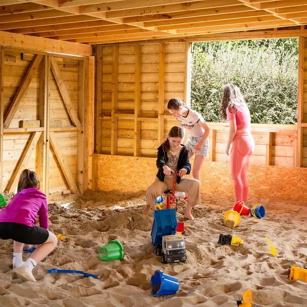 Four children play in a wooden, open-walled playhouse filled with sand at NeuroFest Navan, using toy lorries, buckets, and spades as sunlight streams in from a large window and open door.