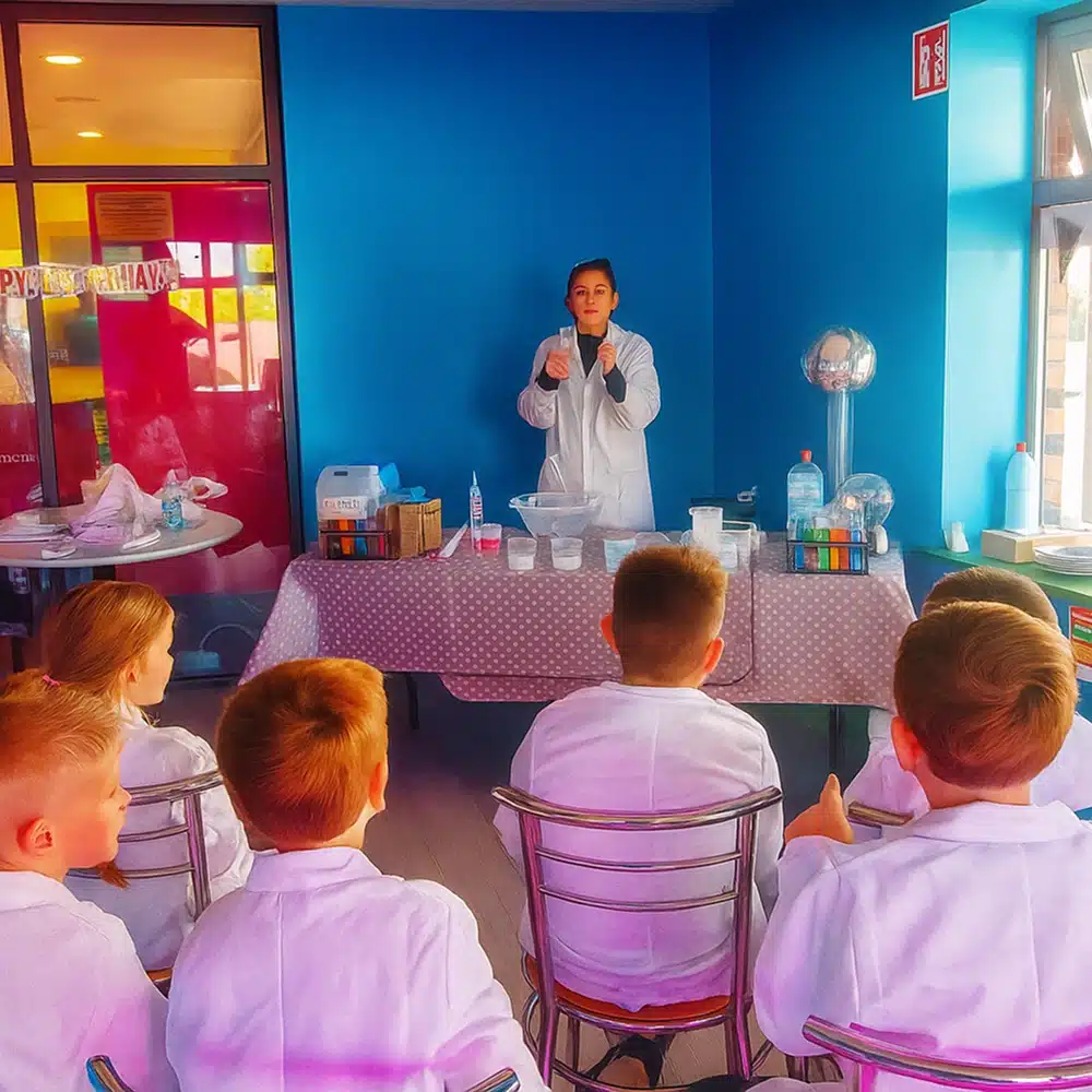 A woman in a lab coat stands at a table with science equipment, demonstrating an experiment to a group of children also wearing lab coats, seated and watching attentively in a brightly lit, colourful classroom.