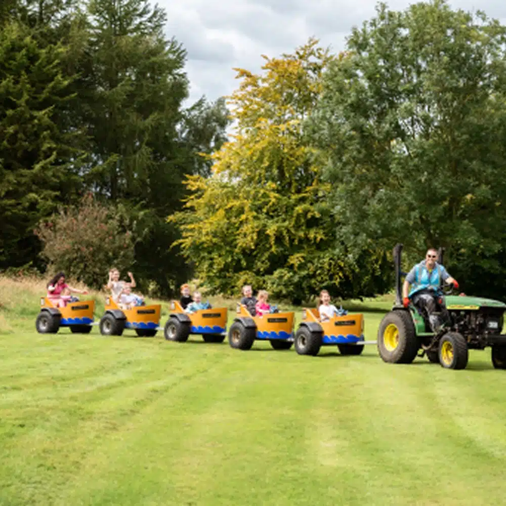 A man drives a green tractor pulling several small yellow barrel carts, each with a child inside, across a grassy field surrounded by trees under a partly cloudy sky—perfect for fun Navan family activities.