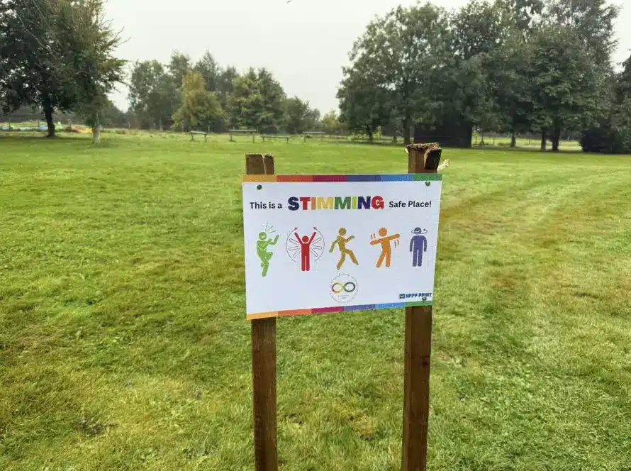 A sign in a grassy park reads "This is a STIMMING Safe Place!" with colourful illustrations of five people in different stimming poses. Trees and cloudy sky are visible in the background.