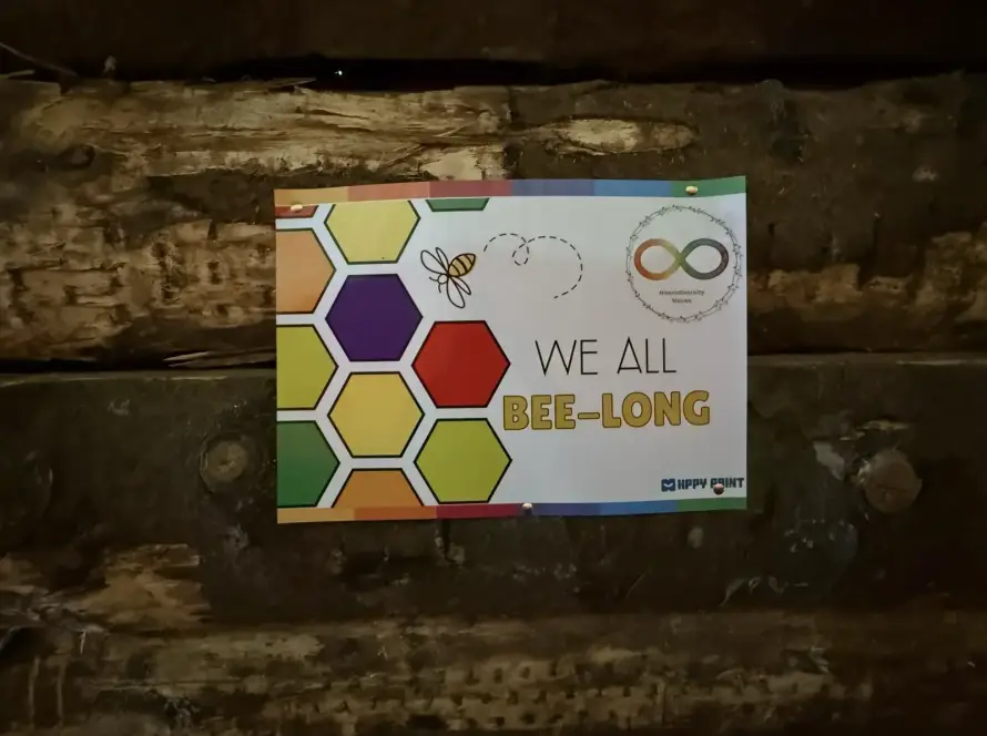 A colourful sign with hexagons, a bee, and the text "WE ALL BEE-LONG" is attached to a wooden wall. An infinity symbol and a dotted bee trail are also shown.