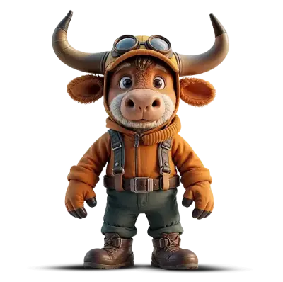 A cute, anthropomorphic cartoon bull wears aviator goggles, a brown jacket, green trousers, and boots. Standing upright with a friendly expression, the bull looks ready to embark on an adventure at Navan Adventure Centre.